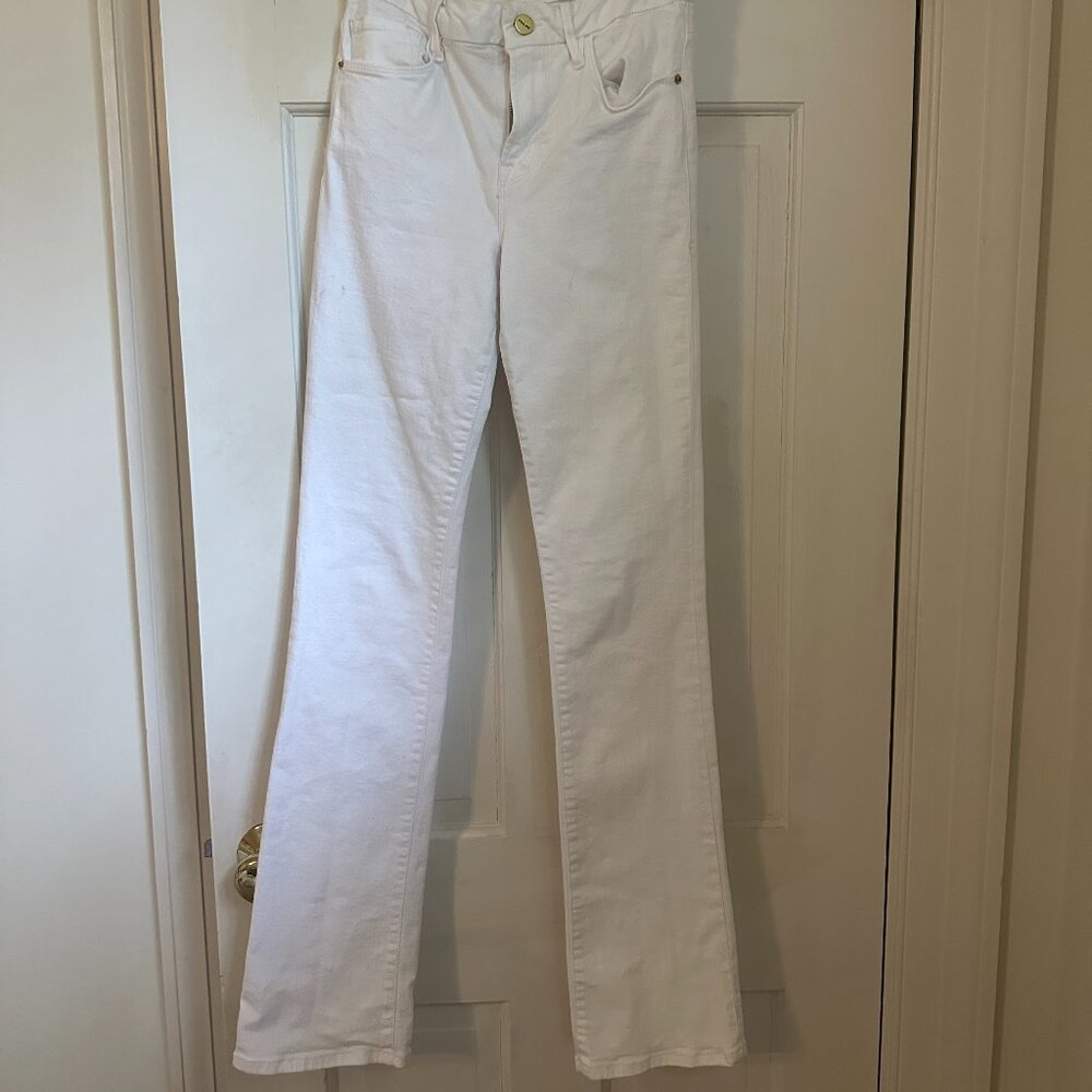 frame le mini boot white skinny flare mid rise jeans